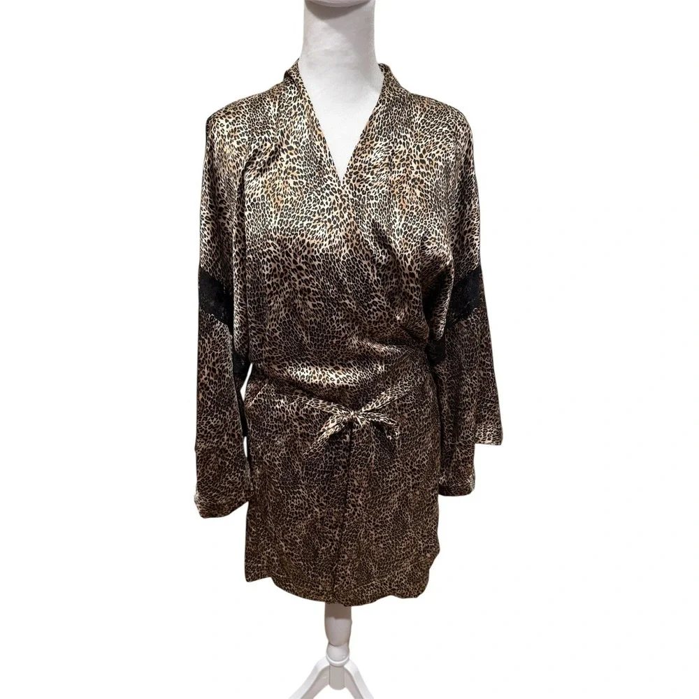 Victoria Secret Leopard Print Set Slip‎ Dress & Wrap Around Lace Satin Robe M/L